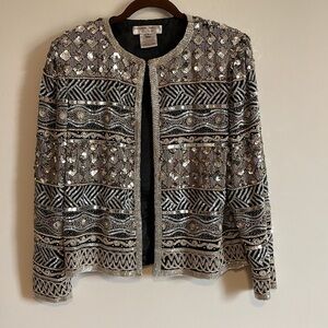 VTG Adrianna Papell Sequin Evening Jacket Small Silver 100% silk Maximalist Pads
